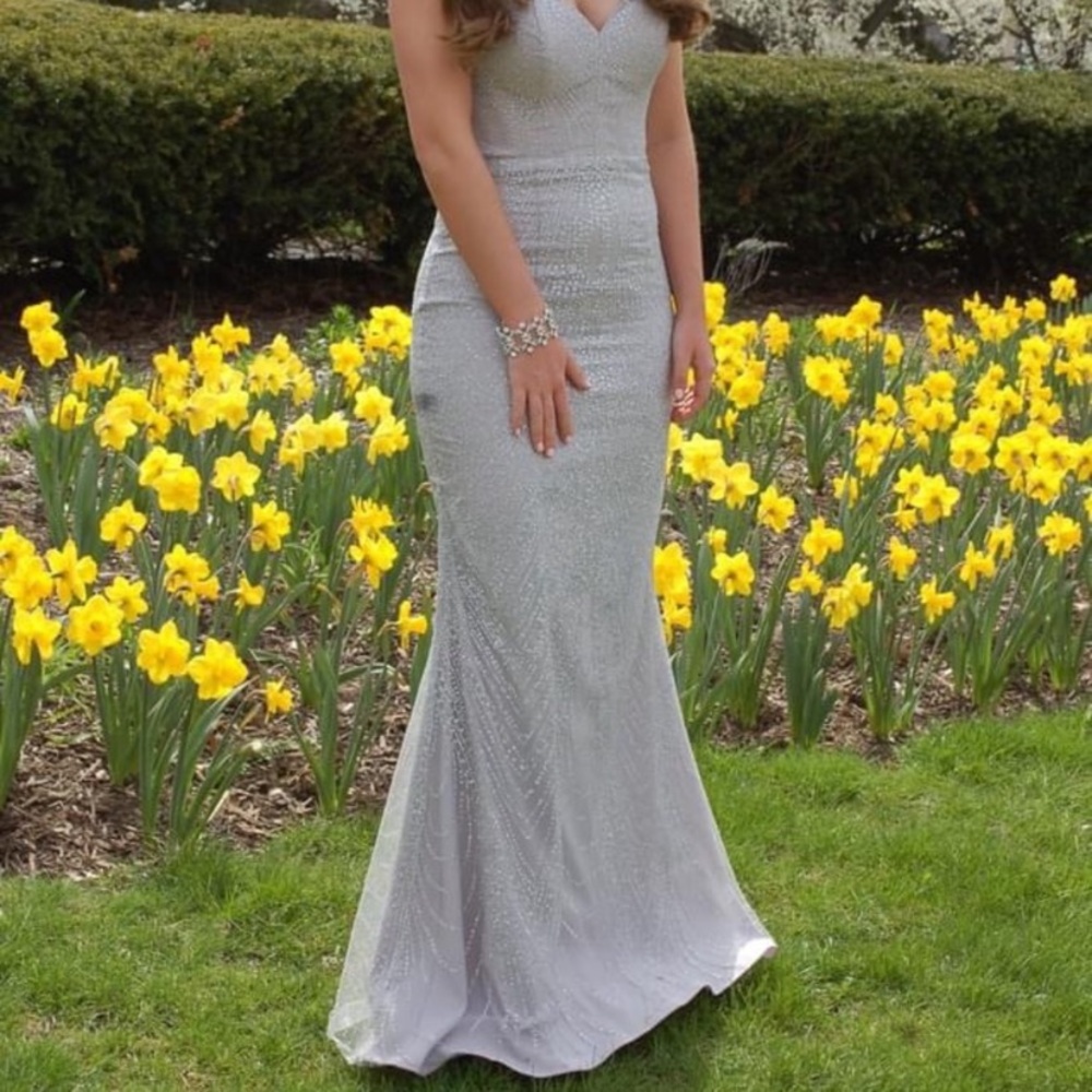Bariano Silver Diamanté Glitter Gown